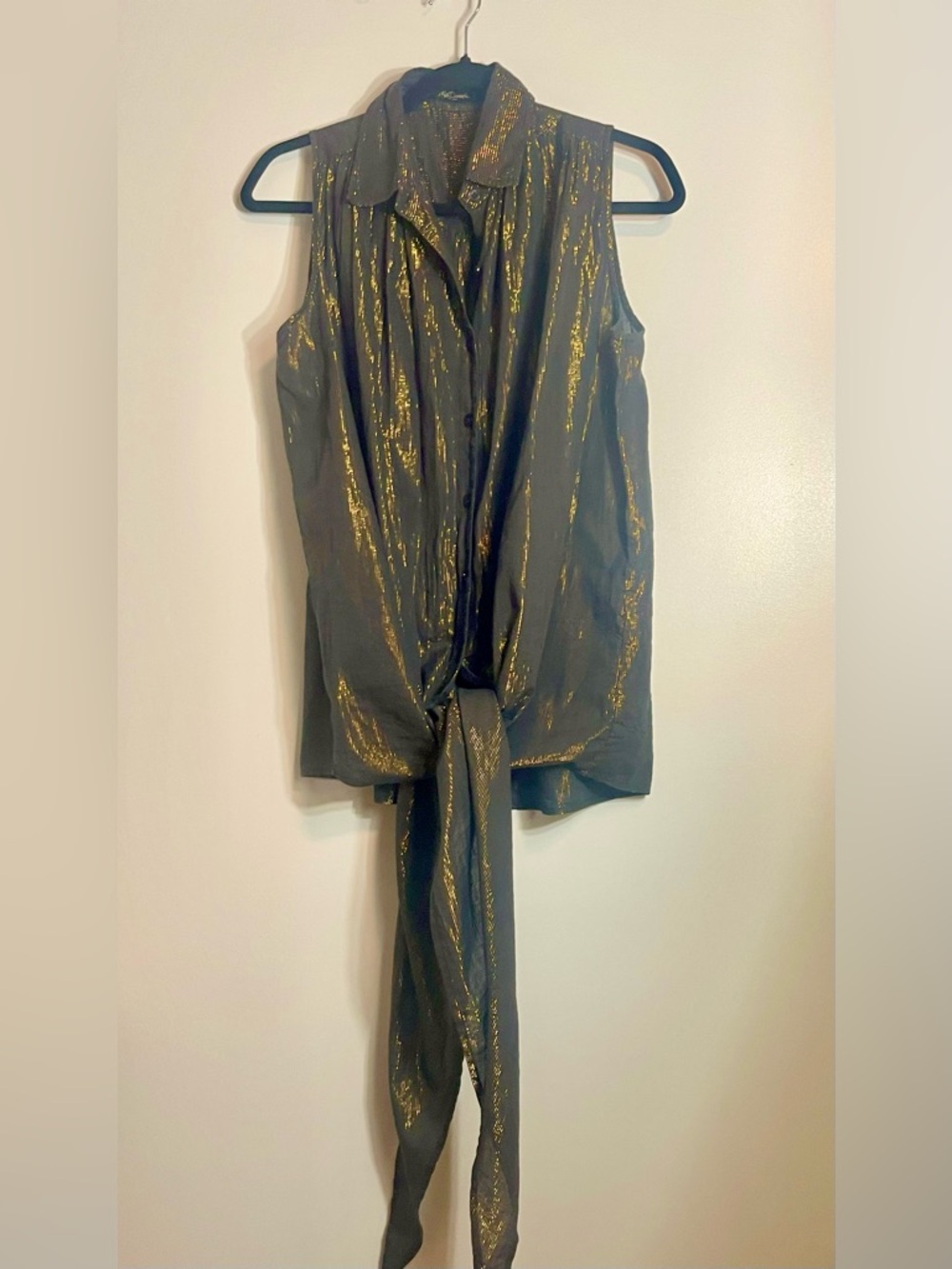 Mes Demoiselles Oversized button-up tie-up sleeveless blouse black & gold